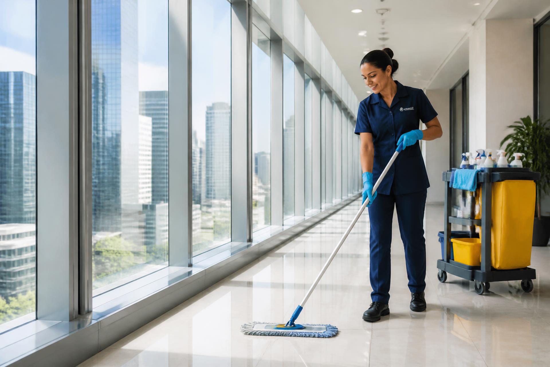 Professional cleaner mopping a bright glass-walled office corridor with a city skyline view