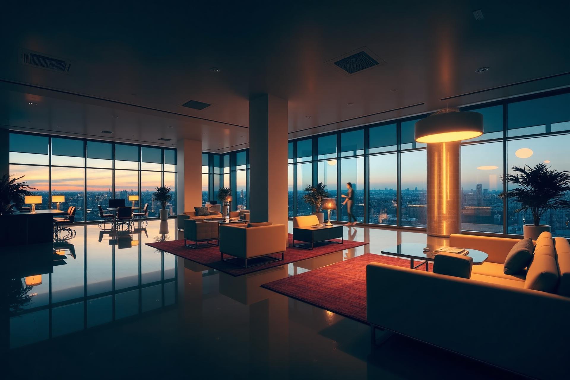 A pristine modern commercial office interior at dusk with polished floors