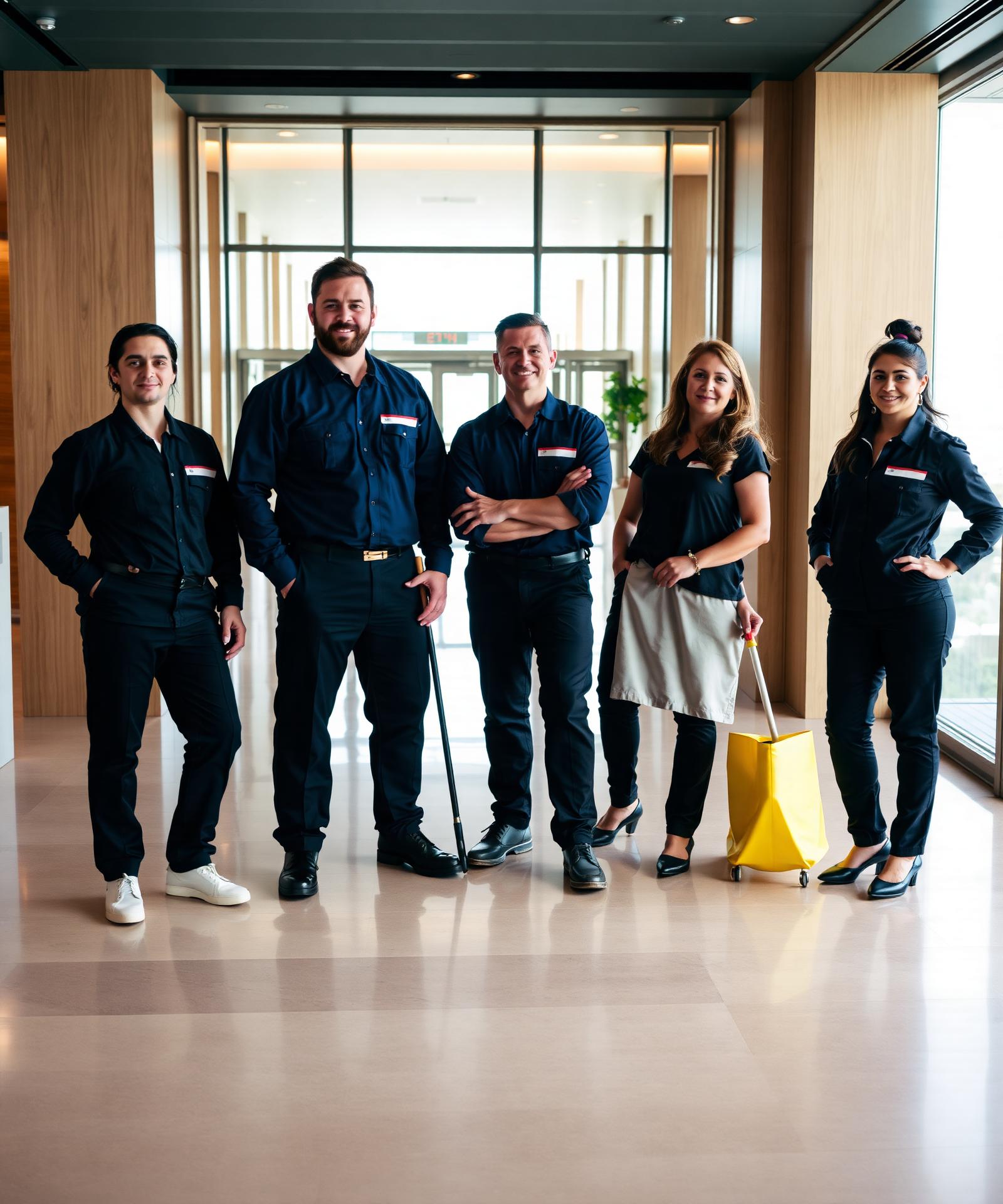 Professional commercial cleaning crew in uniform standing in a modern office lobby